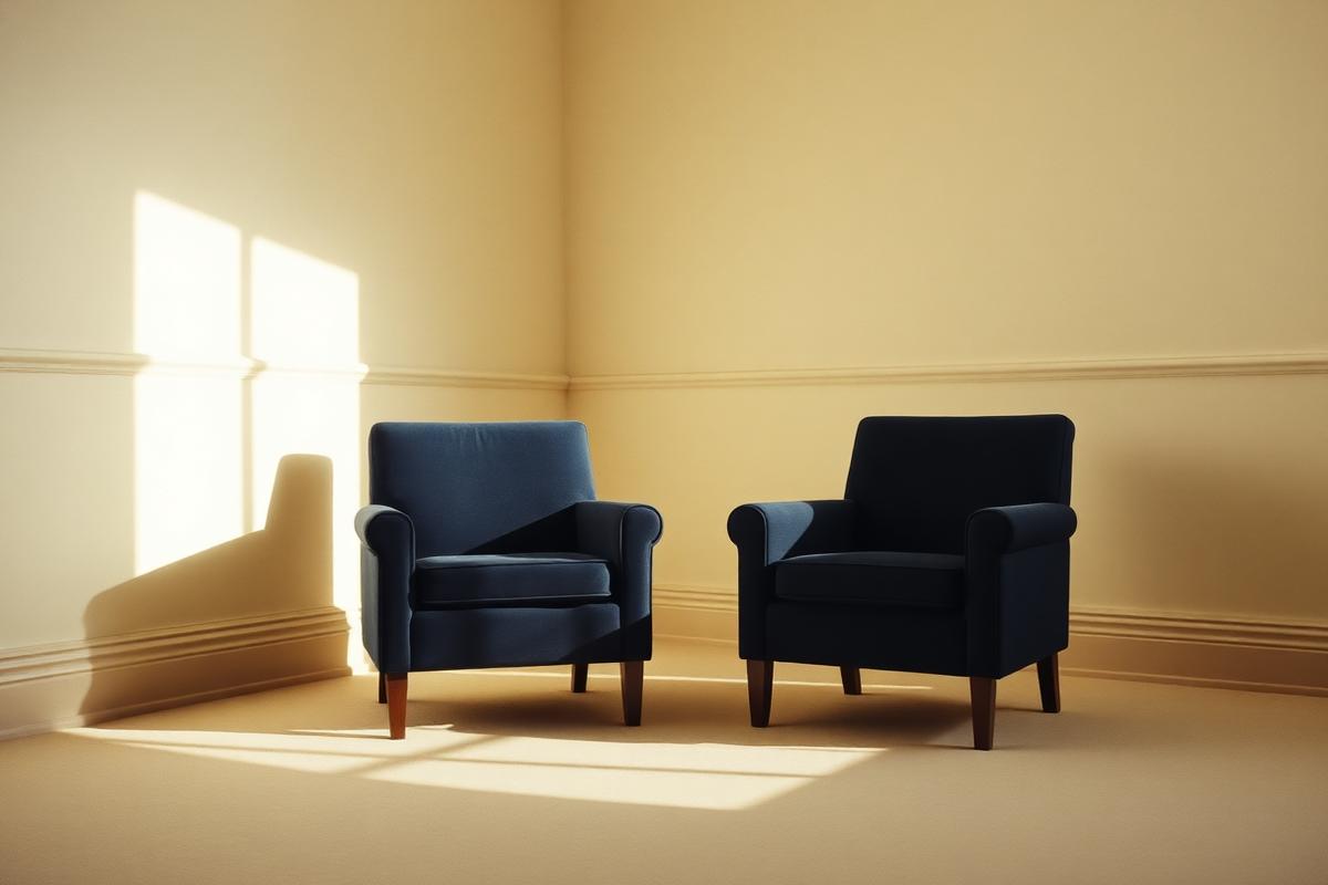 Two empty armchairs turned toward each other in a sunlit room
