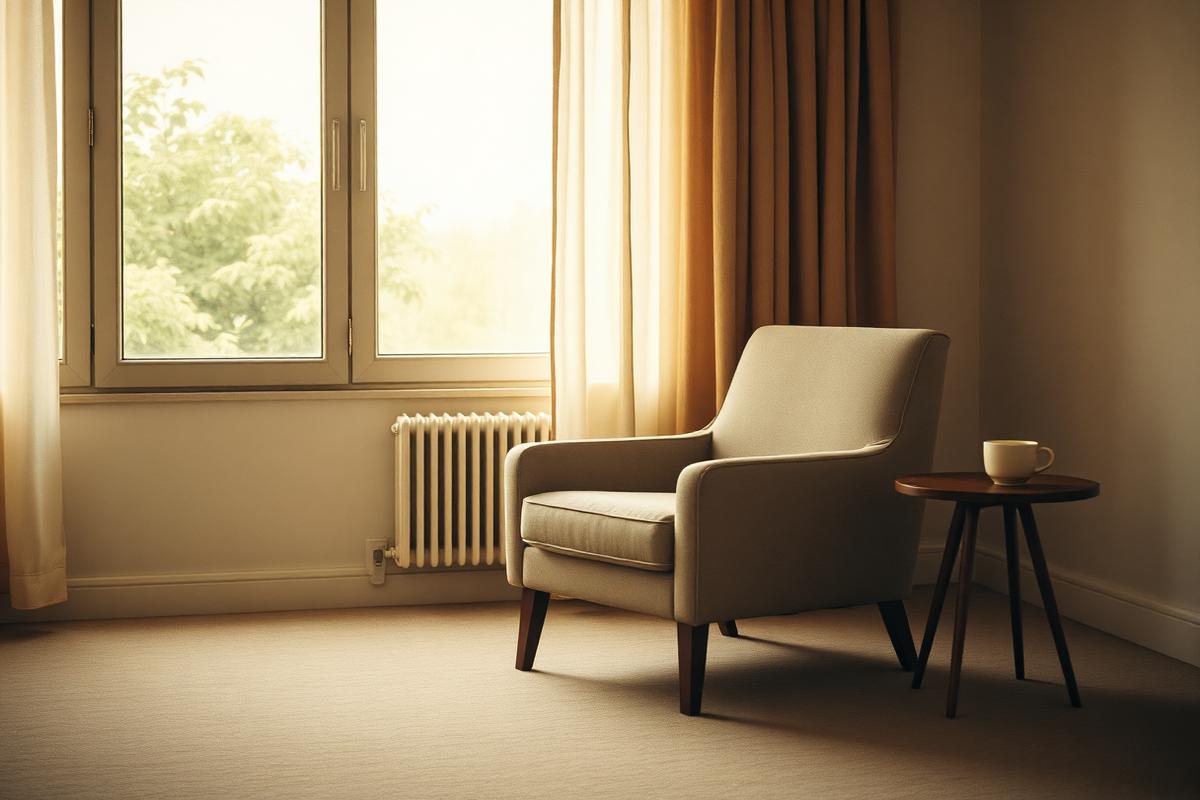 A single armchair beside a small table near a sunlit window