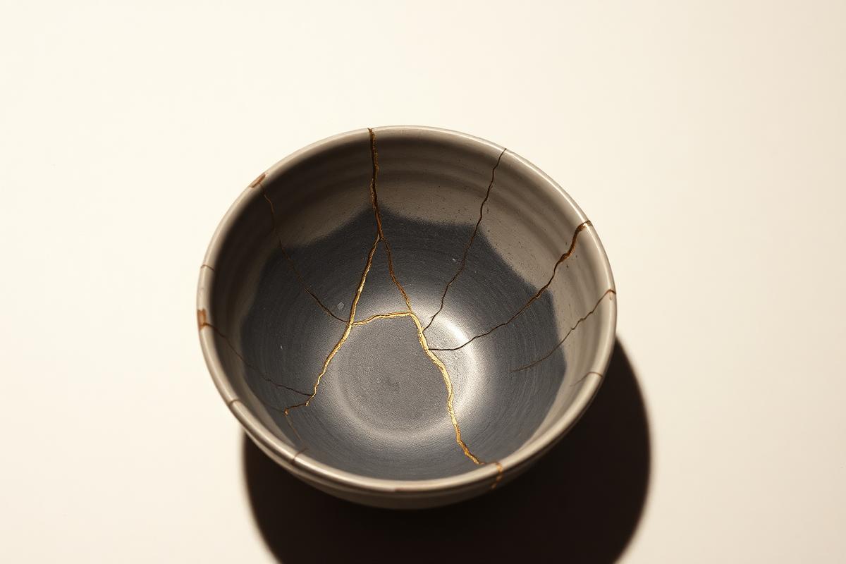 A ceramic bowl repaired with a fine gold seam
