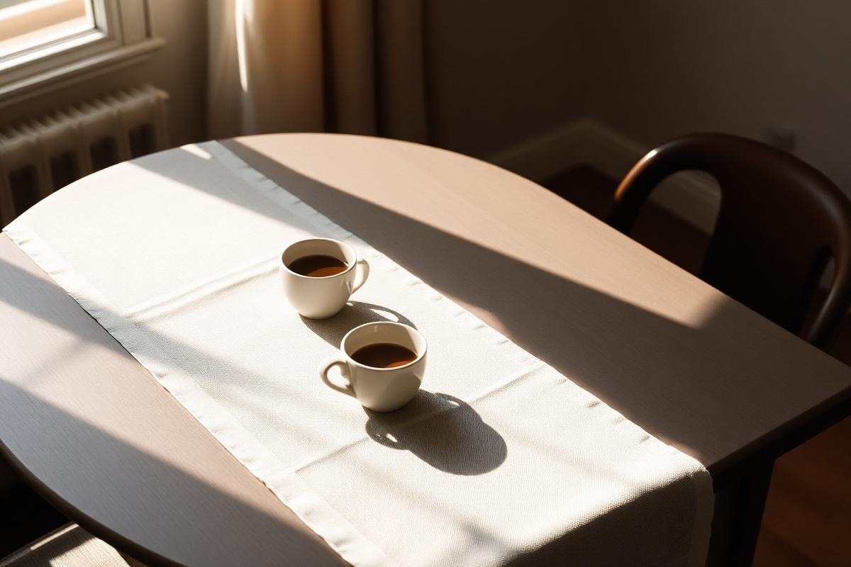 A quiet table set for two with morning coffee and a linen runner