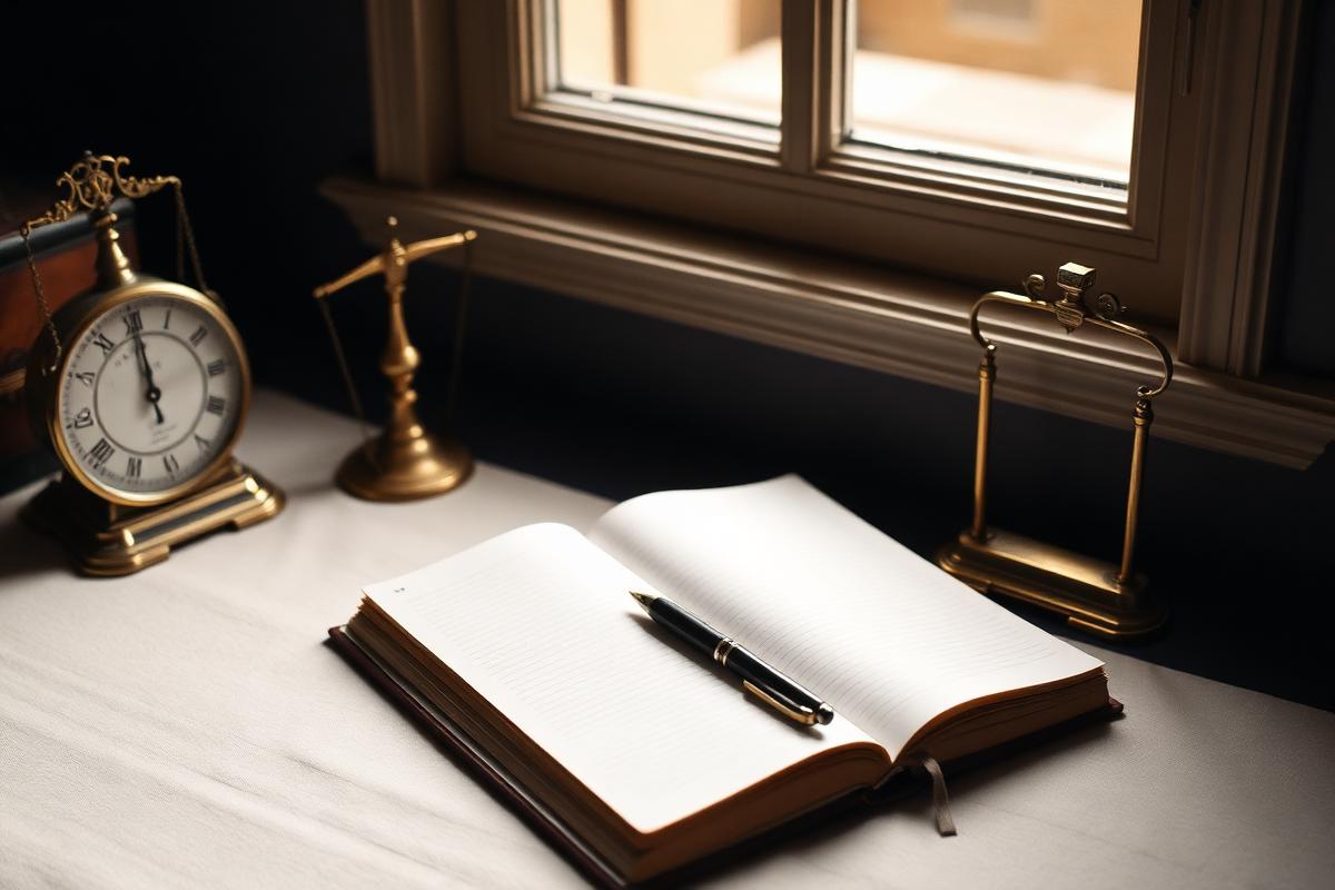 An open ledger, a pen and a small brass balance scale on a linen desk