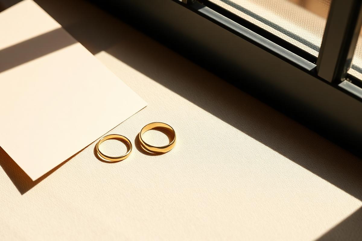 Two gold wedding bands resting on cream paper in window light
