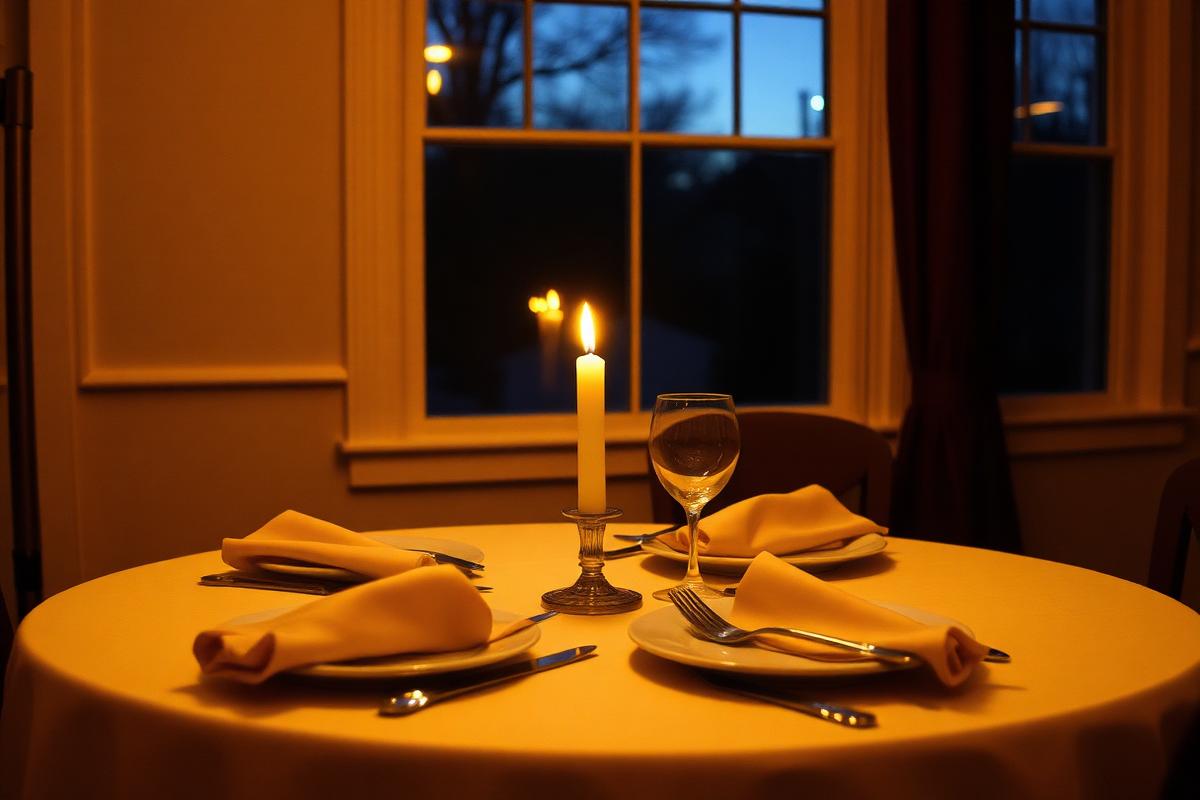 A candlelit table set for two at dusk